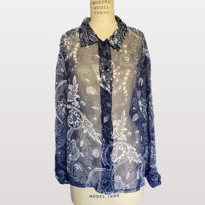 Lightweight Blue Paisley Sheer Button Up Blouse